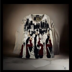 Jane and John Artistic Long Sleeve Top with Red and Black Design with beads